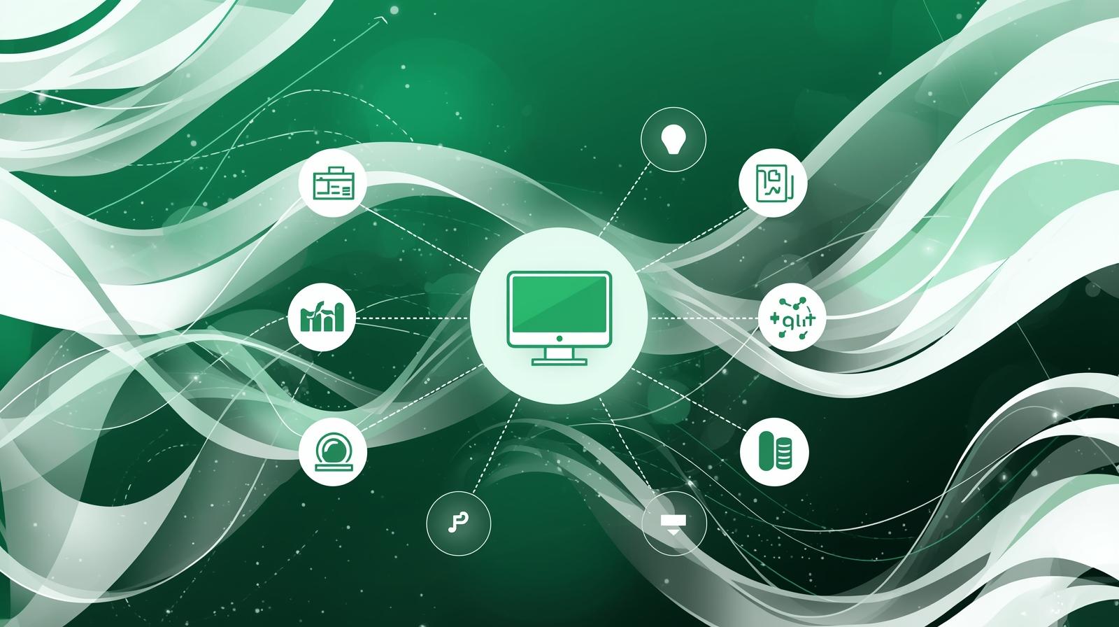 Diagrama visual de la centralización del negocio: todos los módulos (finanzas, ventas, etc.) conectados a una computadora central.